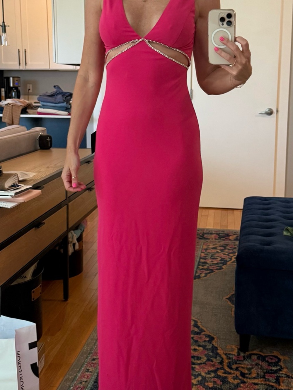 Lulu's Hot Pink Maxi Dress with Rhinestone Cutout